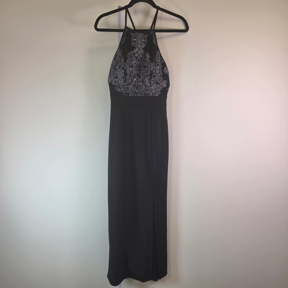 Black Silver Embroidered Halter Maxi Dress Strappy Back Side Slit Gown